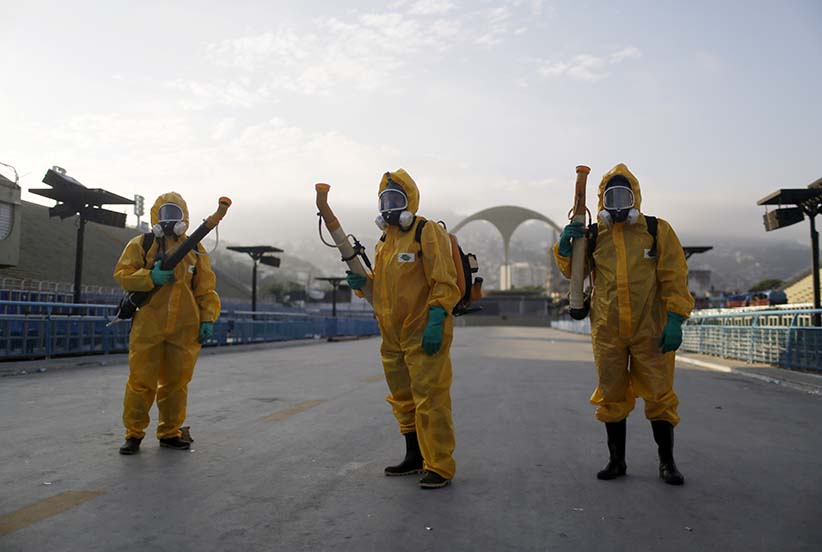 Municipal workers sprayed insecticide around Sambadrome, where the city's Carnival takes place every year, and where the archery competitions will take place during the Rio Olympics. The operation is part of the city's effort to prevent the spread of Zika's vector, the Aedes aegypti mosquito, according to a statement from Municipal Health Secretary. (Pilar Olivares/Reuters)