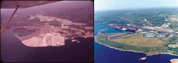 Two views of the “delta” that formed at Silver Bay, Minnesota by Reserve Mining’s continuous discharging of taconite tailings directly into Lake Superior. The delta eventually extended 1/3 of a mile from the original shoreline. Reserve Mining attempted to do some remediation, as seen in the second photo that shows some vegetation growing, but the toxins in the underlying sludge will never be fully de-toxified.
