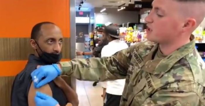 Watch: Uniformed Troops Go To Bars & 7-Eleven In Dallas To Randomly Vaccinate “Younger Crowd”